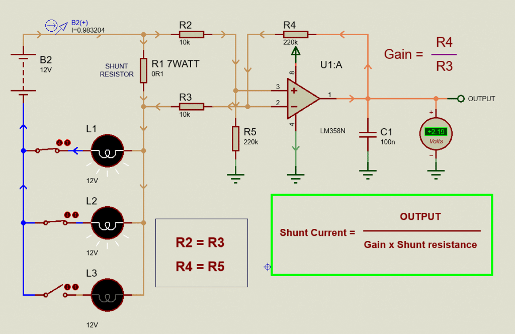 DC Current measurement using Shunt resistor and Op-Amp