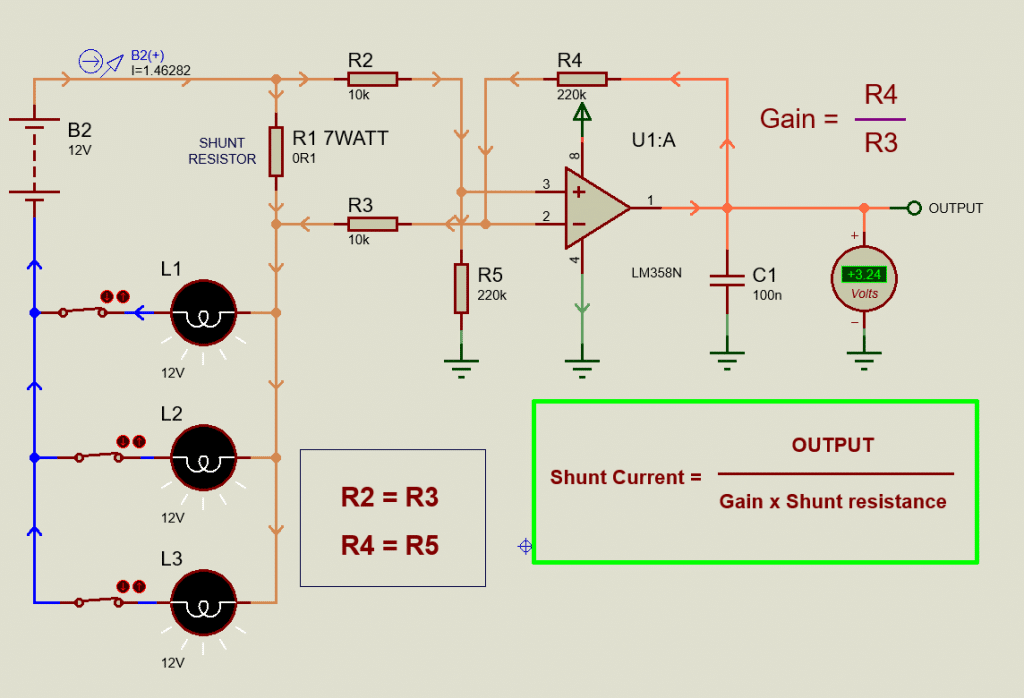 DC Current measurement using Shunt resistor and Op-Amp