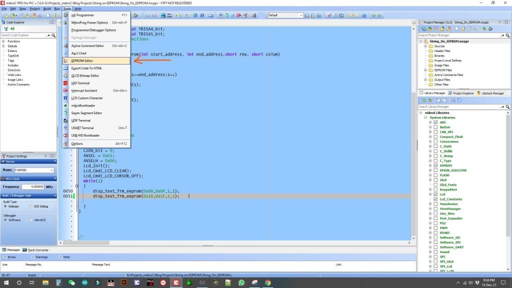 String in the EEPROM with PIC microcontroller and mikroC compiler