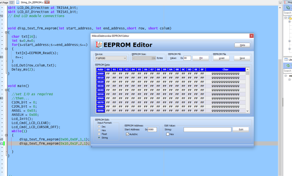 String in the EEPROM with PIC microcontroller and mikroC compiler