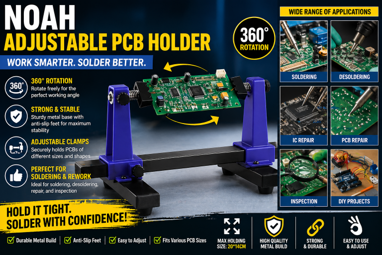 MMOBIEL Adjustable PCB Holder – 360° Rotating Circuit Board Soldering Stand, Spring-Loaded Clamps, Fireproof Ceramic Jaws, Max 20cm X 14cm Board